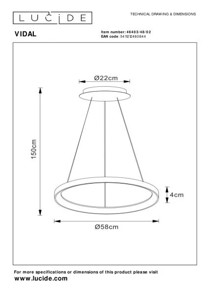 Lucide VIDAL - Hanglamp - Ø 58 cm - LED Dimb. - 1x50W 2700K - Mat Goud / Messing - technisch